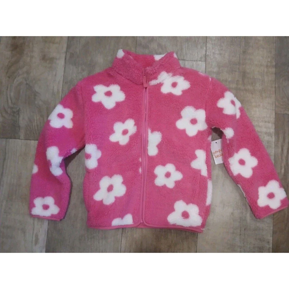 Girl’s Jumping Beans High Pile Fleece Jacket Pink White Flower Full Zip - Size 8